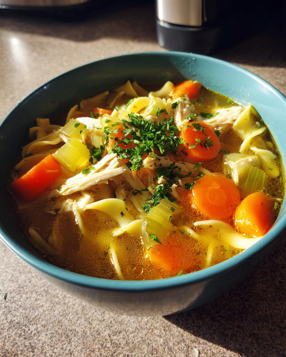 A close-up of a turquoise bowl filled with rich broth, noodles, shredded chicken, carrots, and celery, topped with parsley for slow cooker chicken noodle soup.