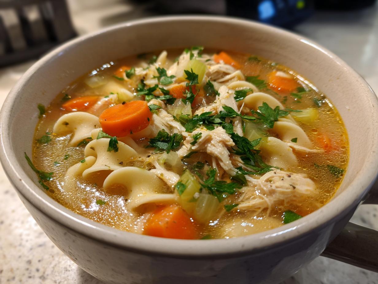 Close-up of a steaming bowl of slow cooker chicken noodle soup with shredded chicken, carrots, and egg noodles.