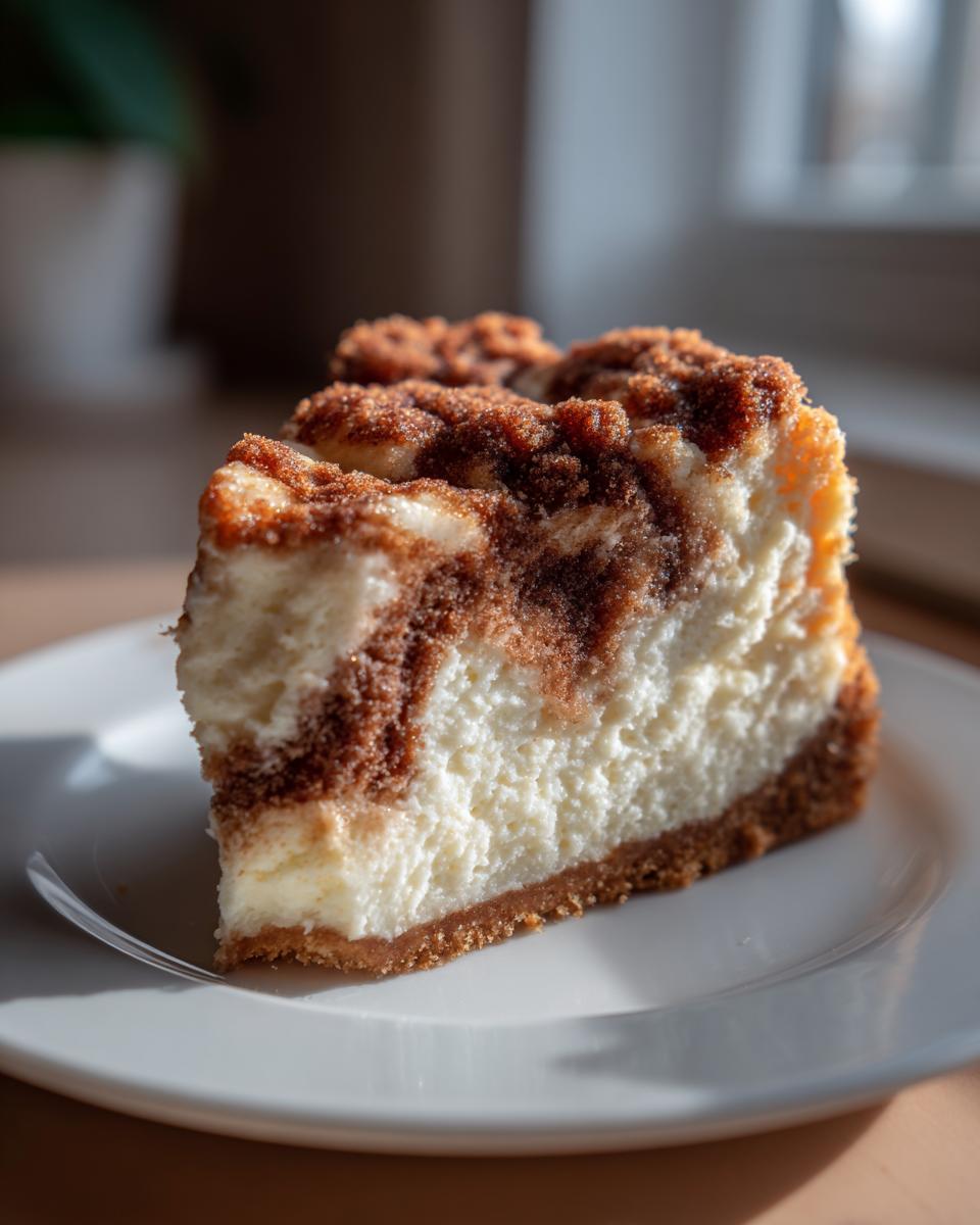 A close-up of a rich slice of snickerdoodle cheesecake featuring a creamy white center swirled with cinnamon and topped with crumble.