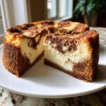 A rich slice of snickerdoodle cheesecake with a cinnamon swirl topping and crust, presented next to the main cake.