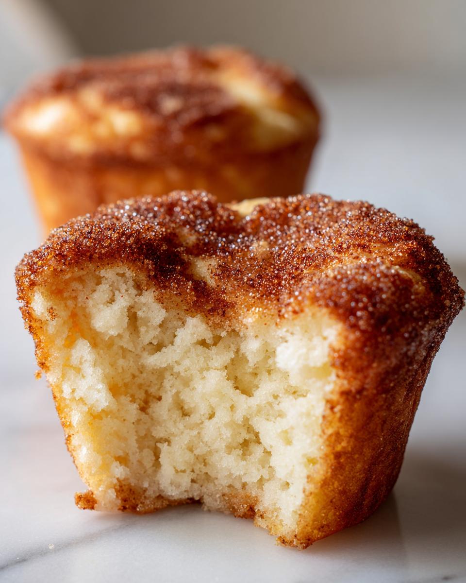 Close-up of a snickerdoodle muffin with a bite taken out, showing the fluffy interior and cinnamon sugar topping.