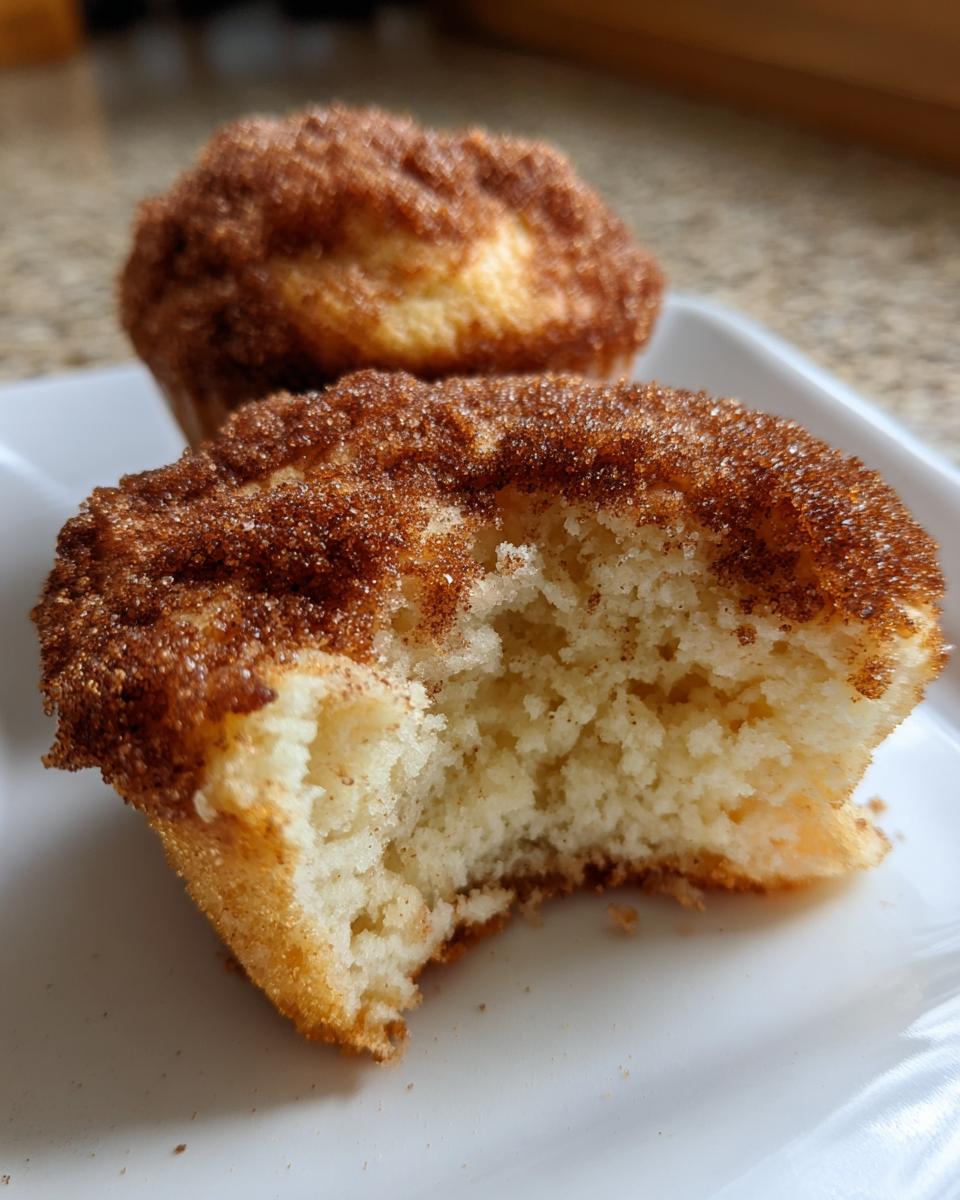 Close-up of a snickerdoodle muffin broken open showing the soft interior and thick cinnamon sugar topping.