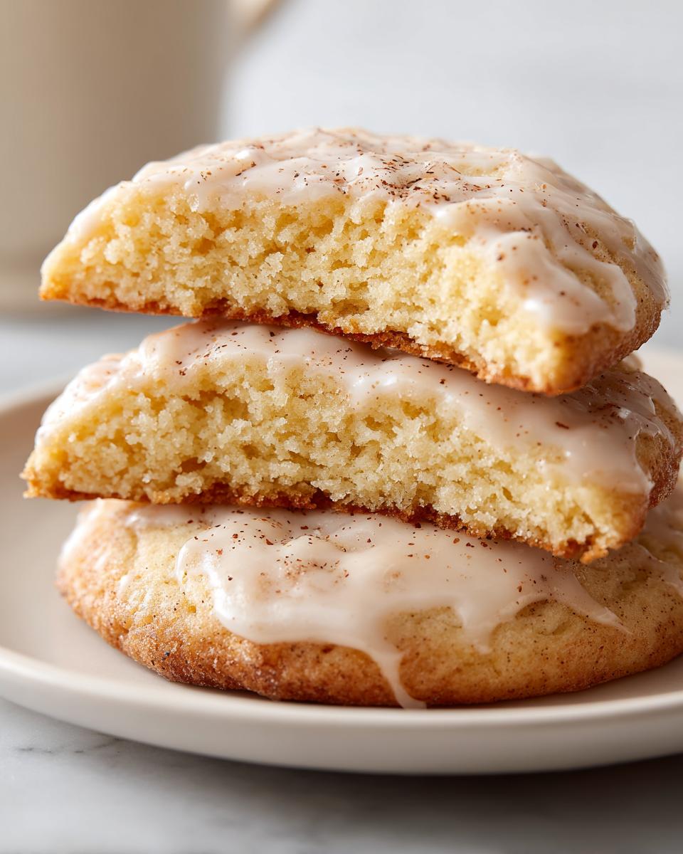 Close-up of three soft eggnog cookies stacked, showing the fluffy interior and thick vanilla glaze dusted with nutmeg.