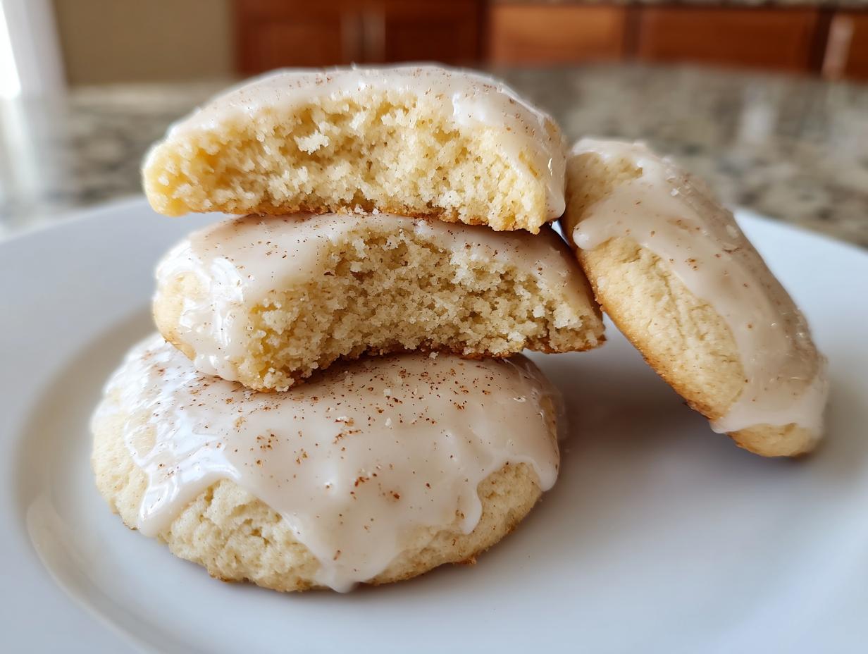 A stack of soft, glazed eggnog cookies, one broken open to show the texture inside.