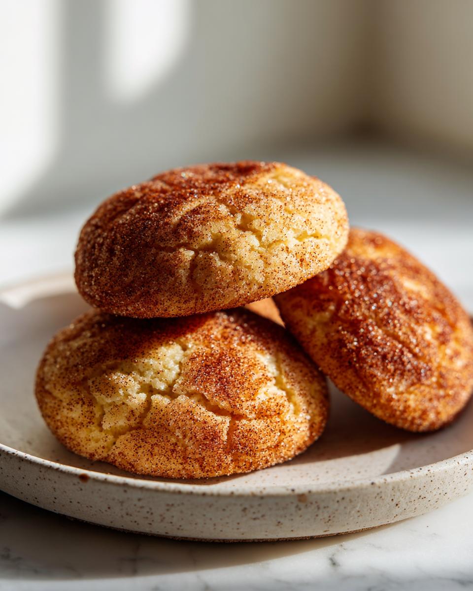 Three freshly baked Snickerdoodle cookies stacked on a speckled ceramic plate, coated in cinnamon sugar.