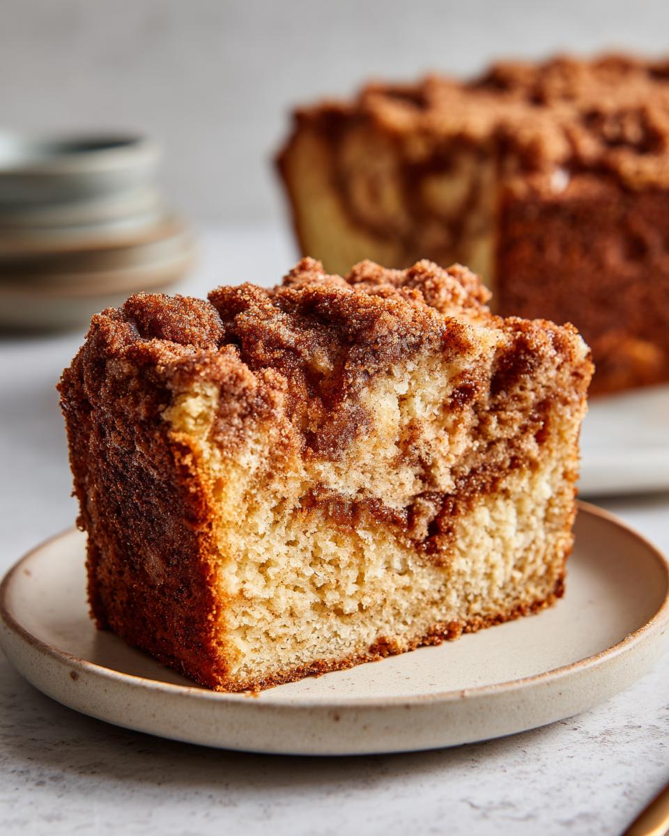 A close-up of a moist slice of sour cream coffee cake featuring a thick cinnamon streusel topping.