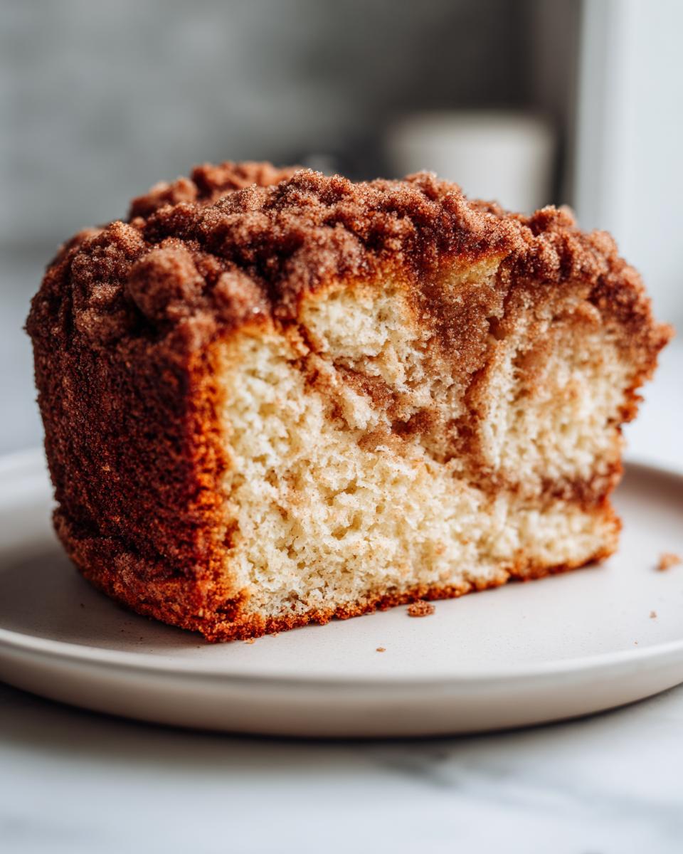 A close-up of a moist slice of sour cream coffee cake featuring a thick, crumbly cinnamon streusel topping.