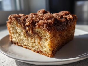 Close-up of a thick slice of sour cream coffee cake featuring a rich, crumbly cinnamon streusel topping.