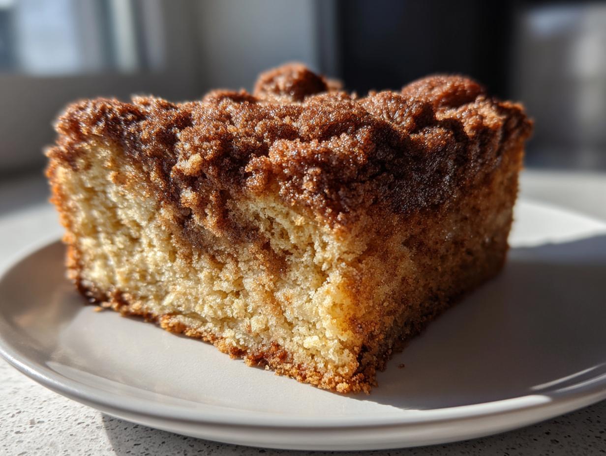 Close-up of a thick slice of sour cream coffee cake featuring a rich, crumbly cinnamon streusel topping.