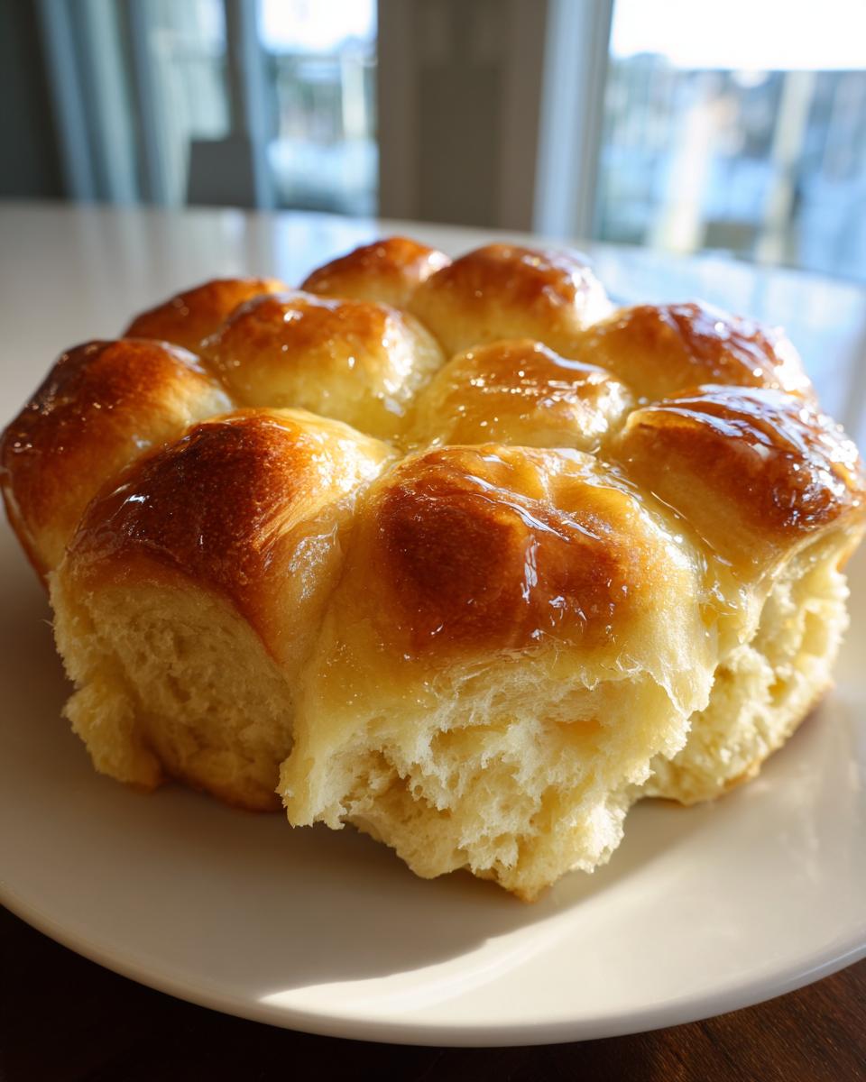 A cluster of golden brown, pull-apart sourdough discard rolls glistening with a sweet glaze.