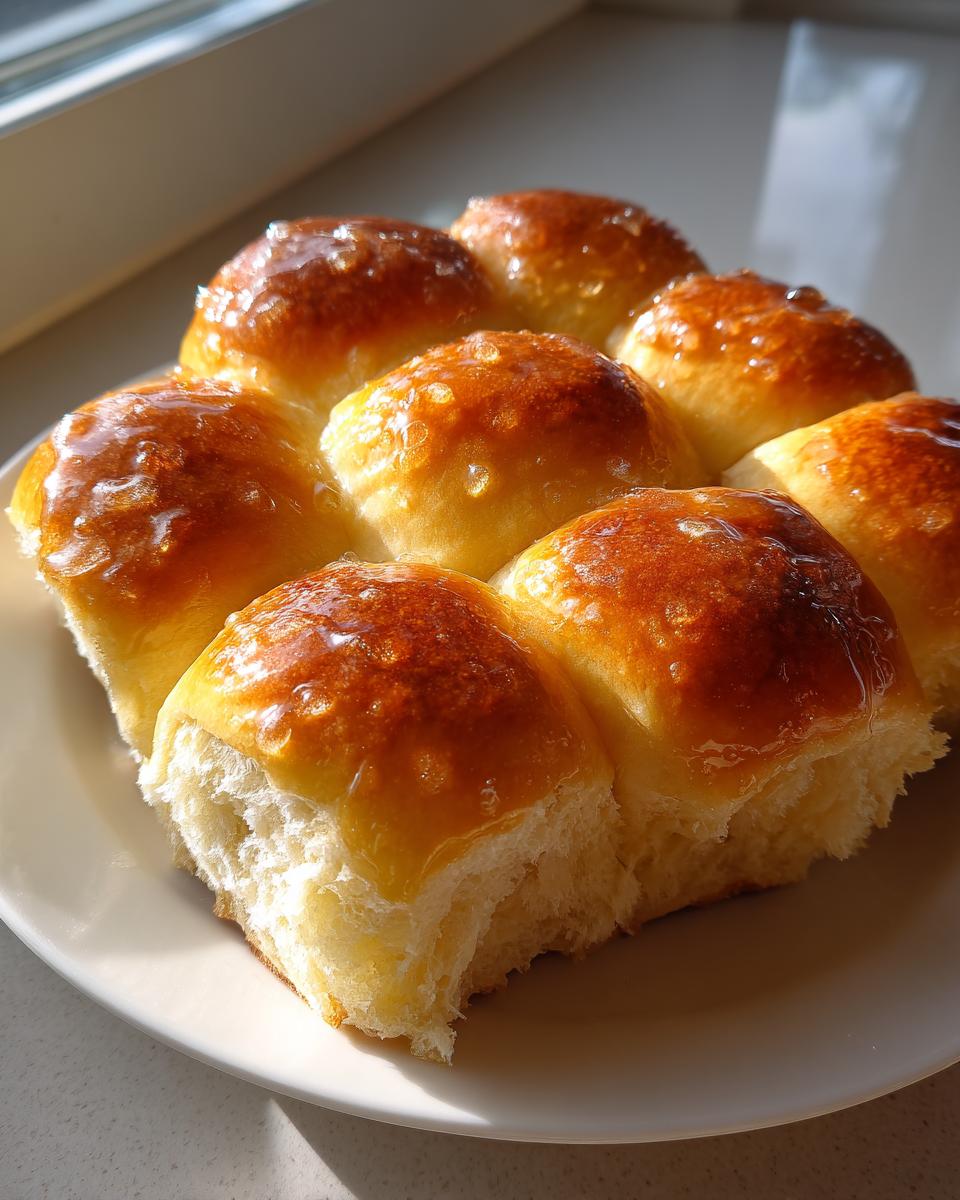 A cluster of soft, golden sourdough discard rolls brushed with a shiny glaze, resting on a white plate.