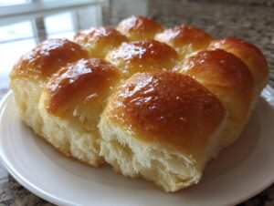 A cluster of golden brown sourdough discard rolls, brushed with a shiny glaze, sitting on a white plate.
