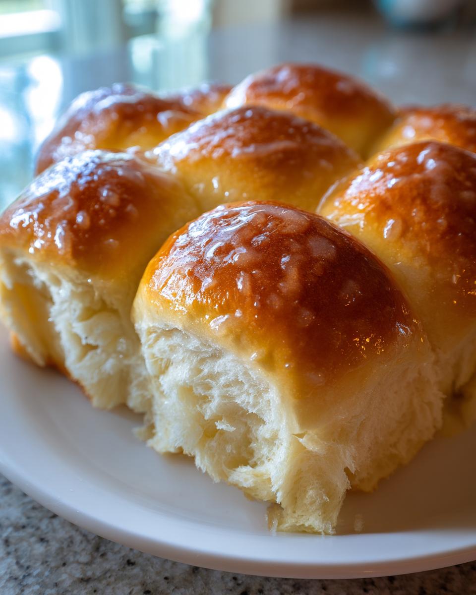 Close-up of soft, pull-apart sourdough discard rolls with a shiny, golden-brown glaze.