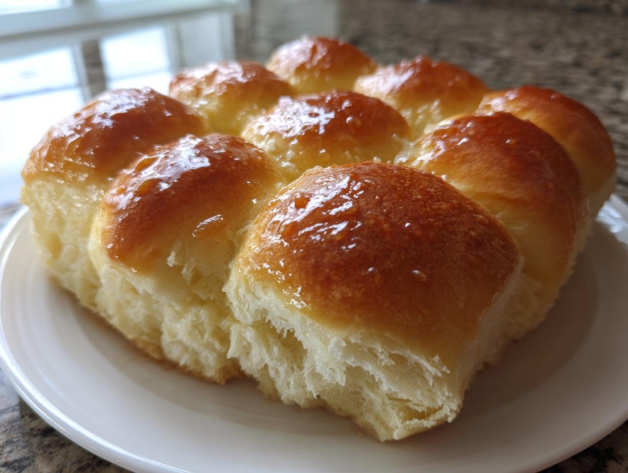 A cluster of golden brown sourdough discard rolls, brushed with a shiny glaze, sitting on a white plate.