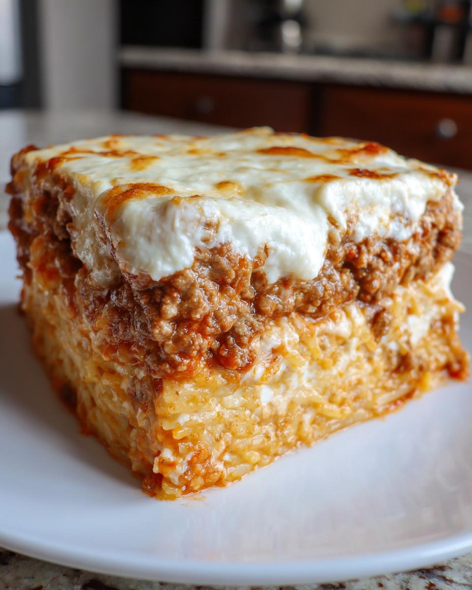 A thick, square slice of baked spaghetti pie with layers of pasta, meat sauce, and melted mozzarella cheese on top.