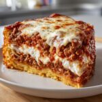 A thick, layered slice of baked spaghetti pie featuring pasta, rich meat sauce, and melted mozzarella cheese topping.