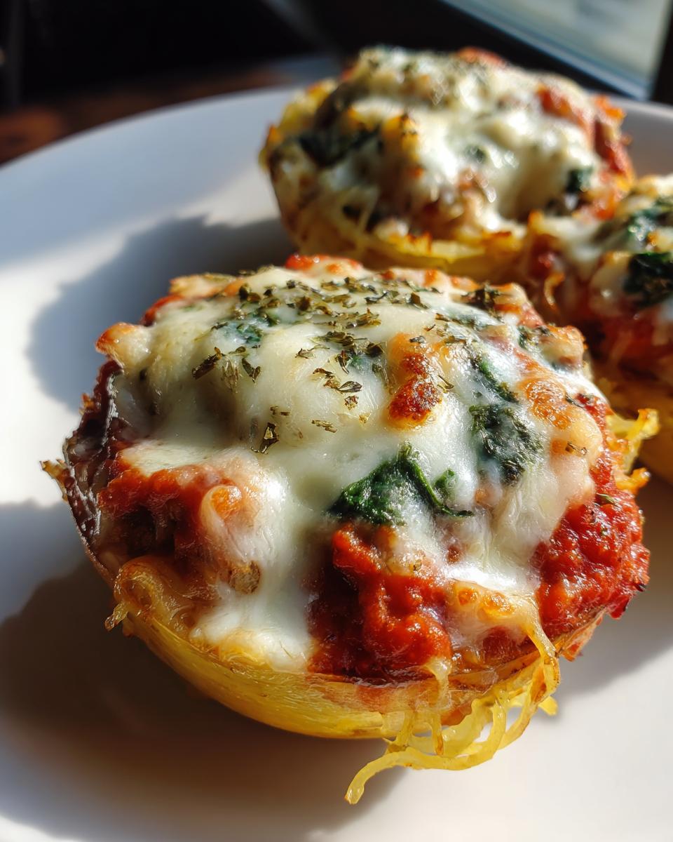 Close-up of individual spaghetti squash lasagna cups topped with melted mozzarella, marinara sauce, and herbs.