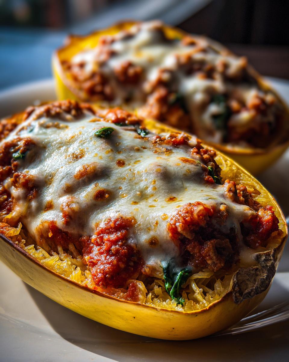 Close-up of baked spaghetti squash lasagna halves topped with melted mozzarella cheese and meat sauce.