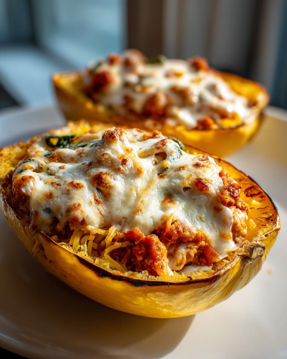 Two halves of baked spaghetti squash lasagna topped with melted, browned cheese and meat sauce.