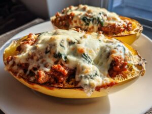 Two halves of baked spaghetti squash lasagna topped with melted mozzarella cheese and meat sauce.