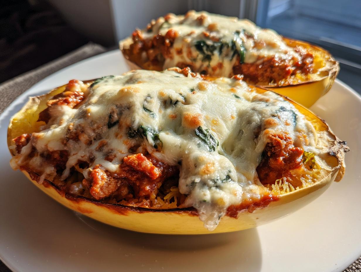 Two halves of baked spaghetti squash lasagna topped with melted mozzarella cheese and meat sauce.