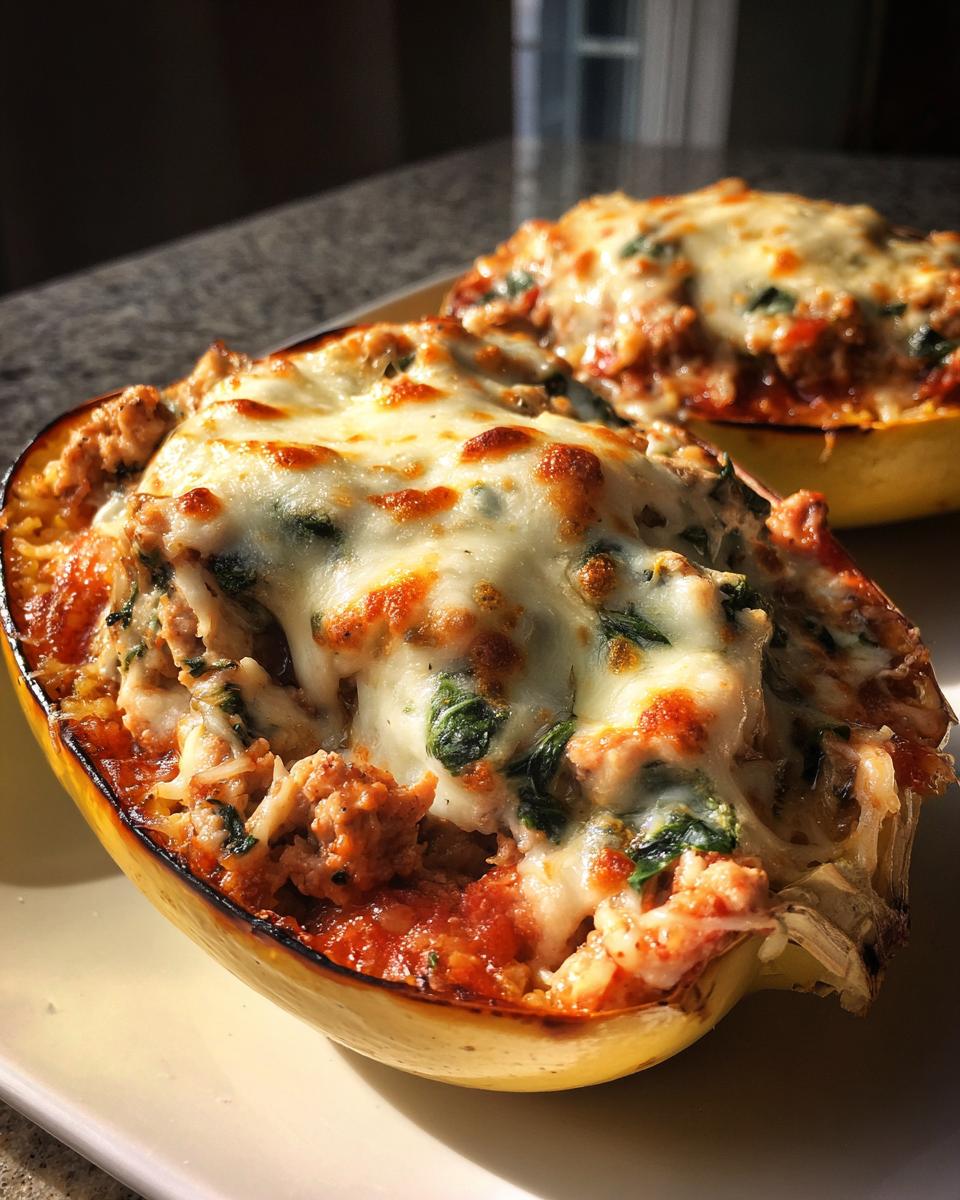 Two halves of baked spaghetti squash lasagna stuffed with meat sauce and topped with bubbly, melted mozzarella cheese.