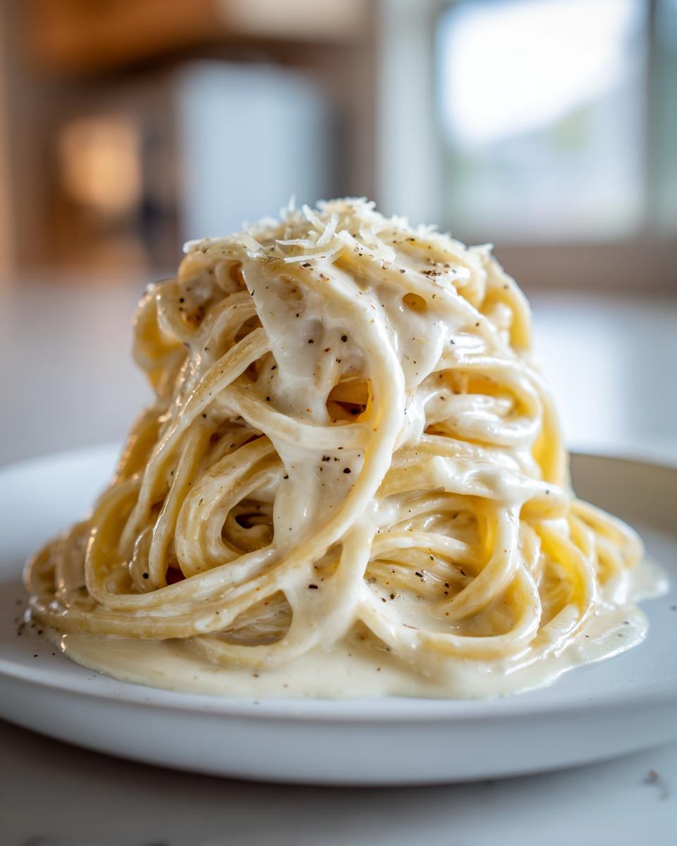 A tall swirl of spaghetti generously coated in creamy homemade alfredo sauce, topped with grated cheese and black pepper.