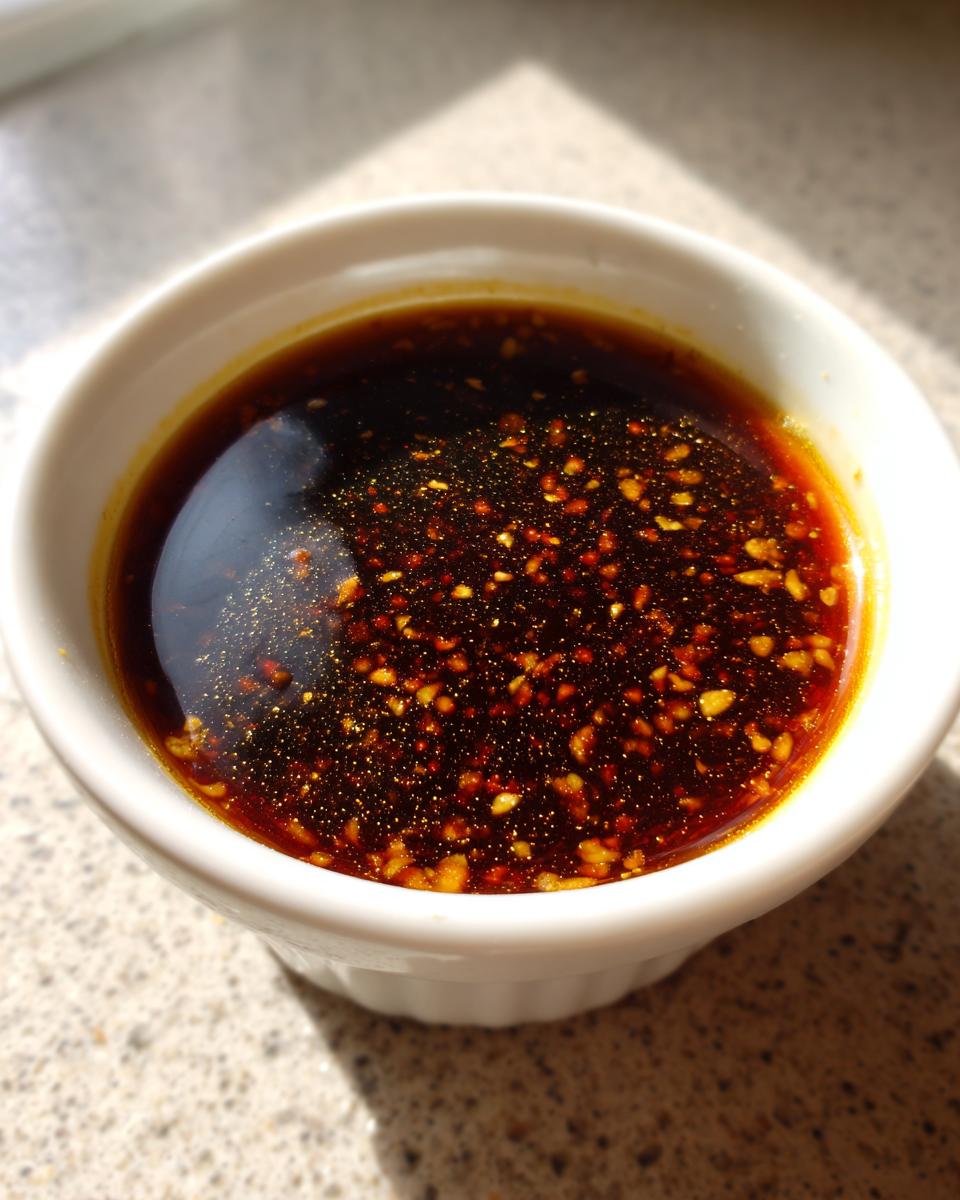 A close-up of rich, dark Dumpling Sauce topped with chili flakes and sesame seeds in a small white bowl.
