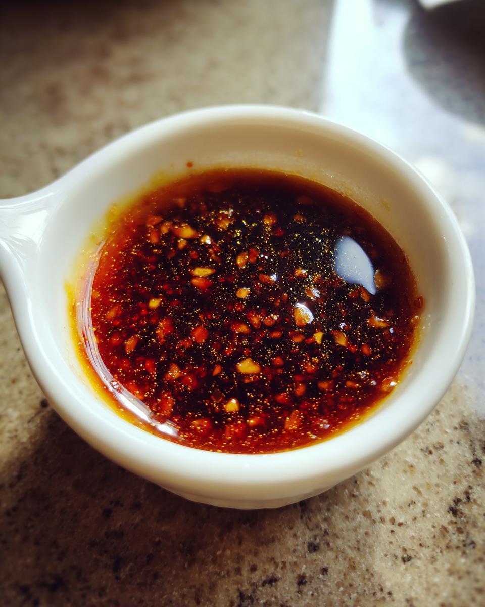 Close-up of a rich, dark red Dumpling Sauce with visible chili flakes and oil floating on top, served in a small white bowl.