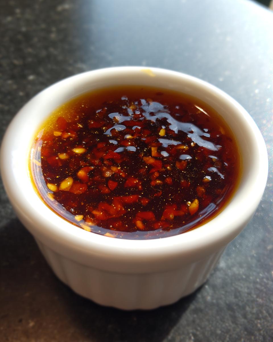 Close-up of a rich, dark red chili oil Dumpling Sauce with visible flakes and seeds in a small white dipping bowl.