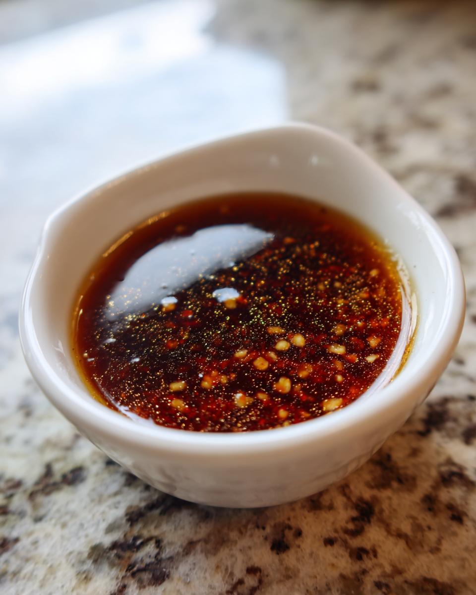 Close-up of a rich, dark Dumpling Sauce speckled with chili flakes and sesame seeds in a small white bowl.