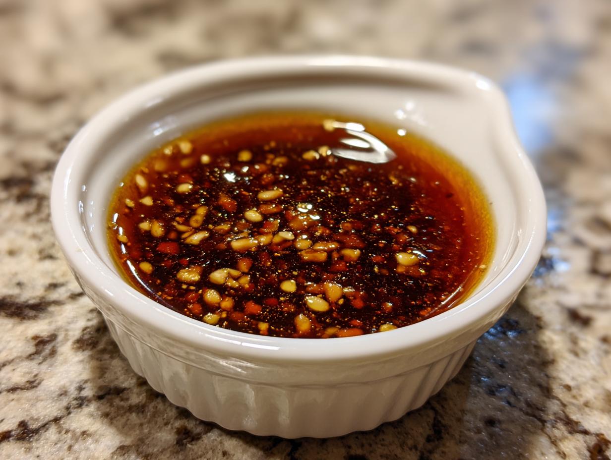 Close-up of a rich, dark red Dumpling Sauce topped with sesame seeds in a small white dipping bowl.