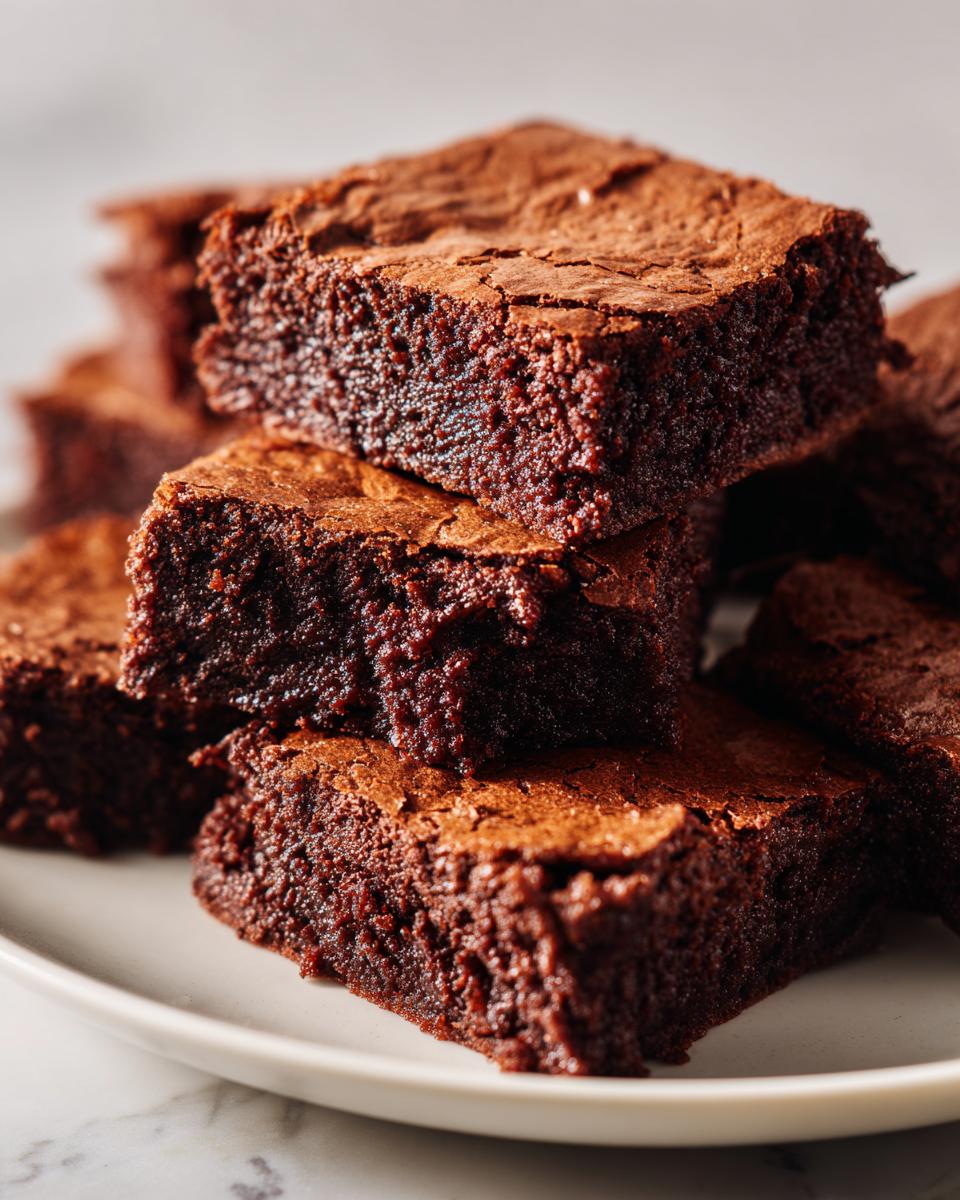 Close-up of a stack of intensely dark and fudgy brownies showing their moist interior and slightly cracked tops.