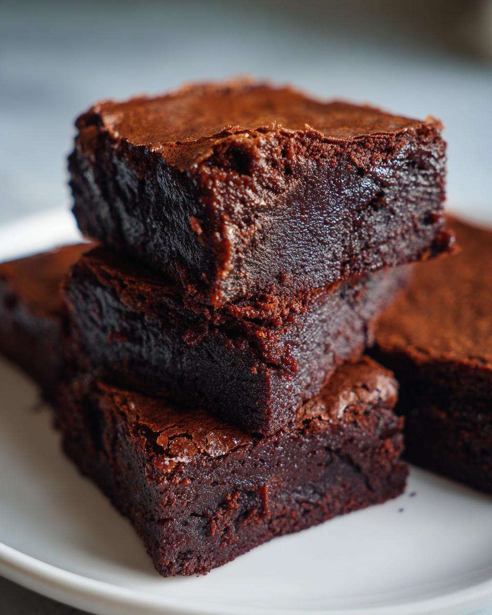 A stack of three intensely dark and fudgy brownies piled on a white plate, showcasing their dense texture.