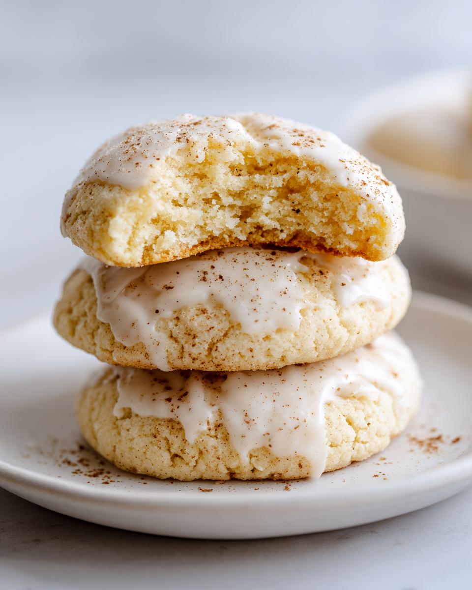 Three soft eggnog cookies stacked, topped with white glaze and sprinkled with nutmeg or cinnamon.