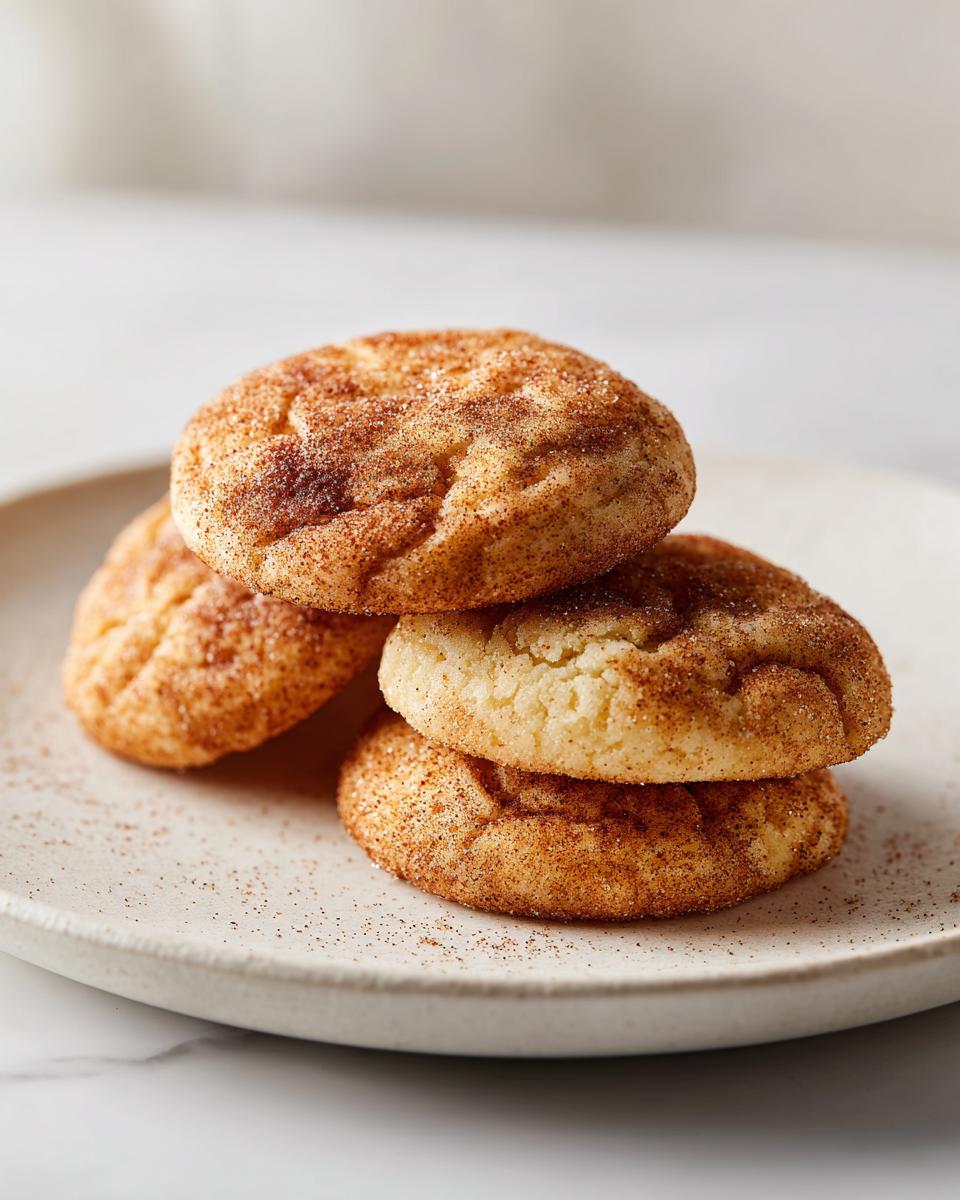 A stack of four soft, chewy Snickerdoodle cookies generously coated in cinnamon sugar, resting on a light plate.
