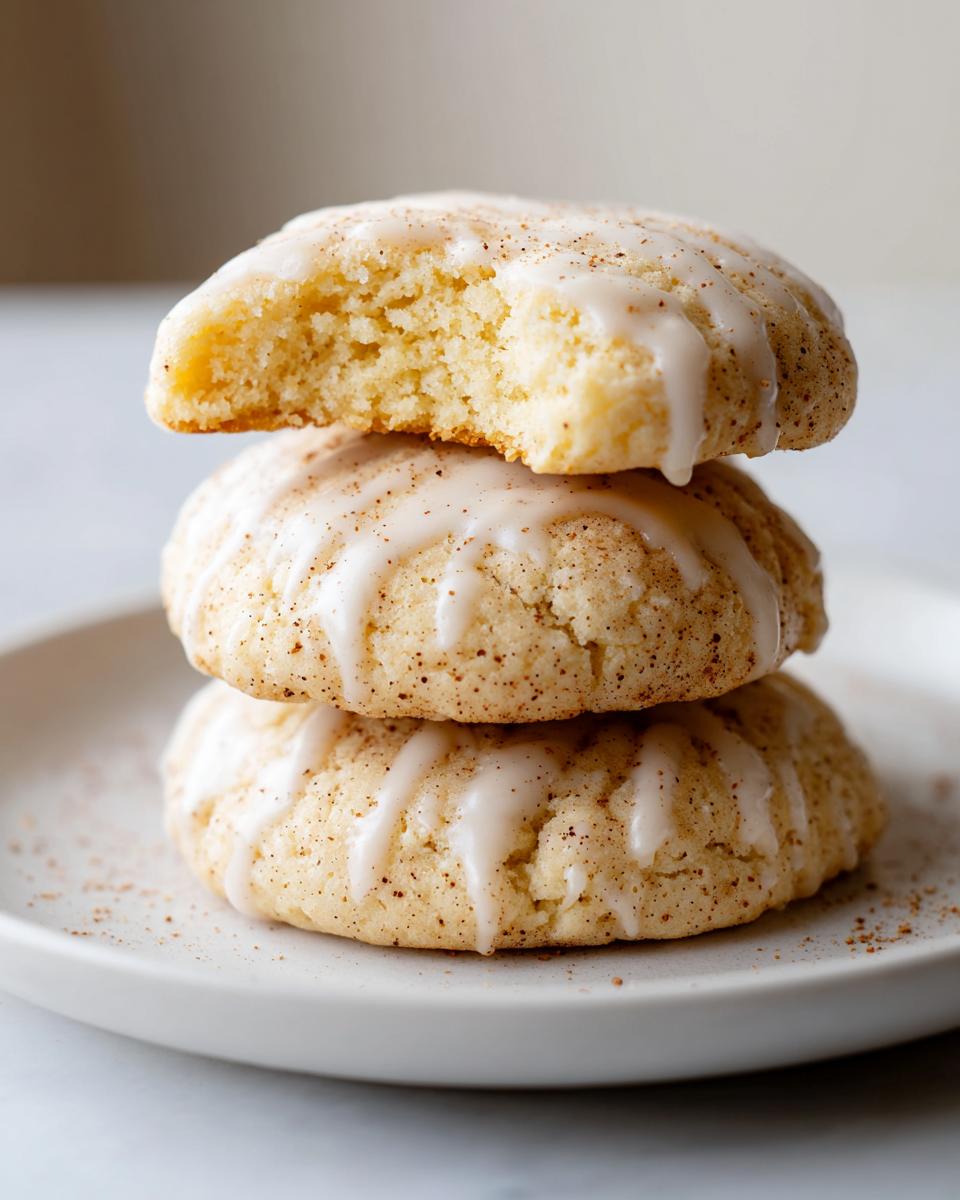 A stack of three soft, glazed eggnog cookies, with the top one bitten into, showing the fluffy interior.