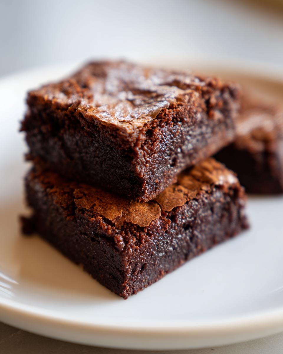 Two perfectly square, dark chocolate fudgy brownies stacked on a white plate, showing a shiny, crackled top.