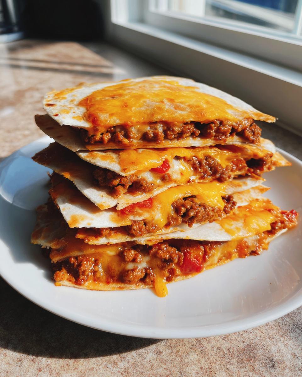 Four stacked wedges of homemade mexican pizza filled with seasoned ground beef and melted cheddar cheese.