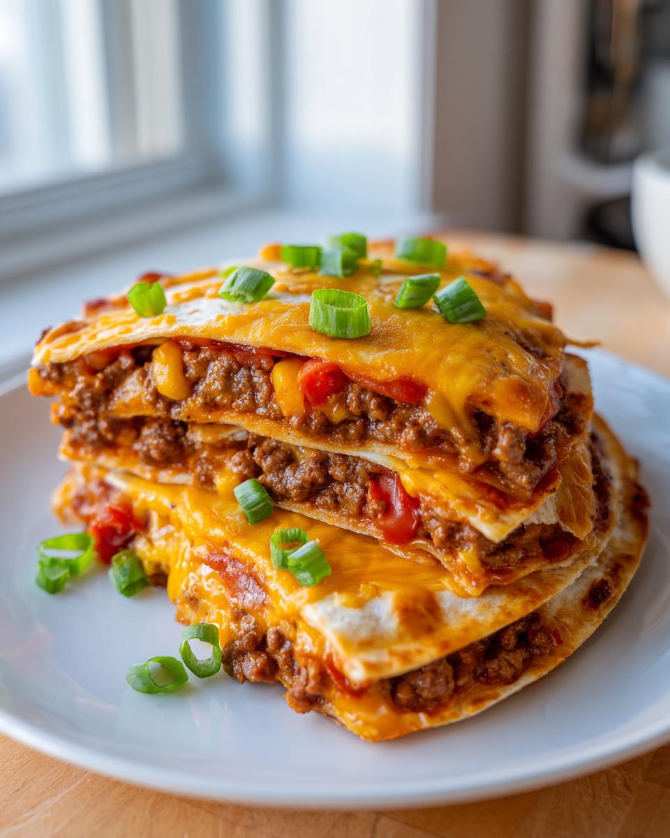A stack of three layered Mexican pizza slices filled with seasoned ground beef and topped with melted cheddar cheese and green onions.