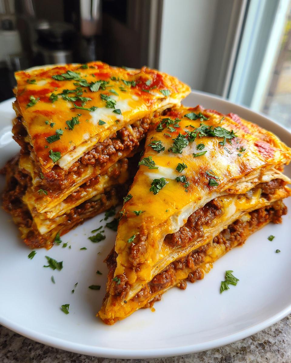 Two stacked, triangular slices of homemade mexican pizza layered with seasoned ground meat and melted cheese, topped with cilantro.