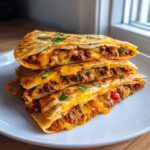 Stack of four crispy, cheesy triangles filled with seasoned ground beef, resembling a homemade mexican pizza.