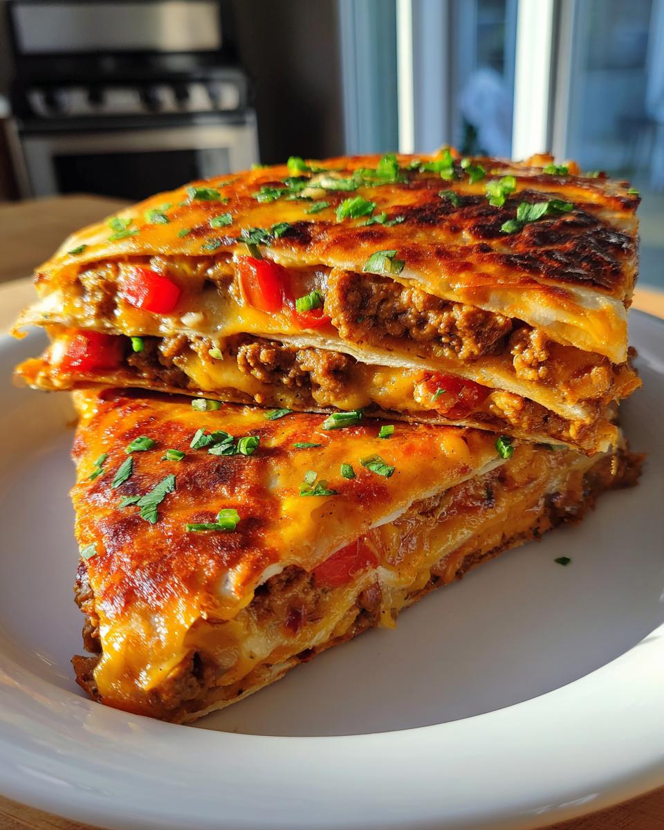 Two stacked slices of homemade mexican pizza showing layers of ground meat, melted cheese, and red peppers, topped with chives.