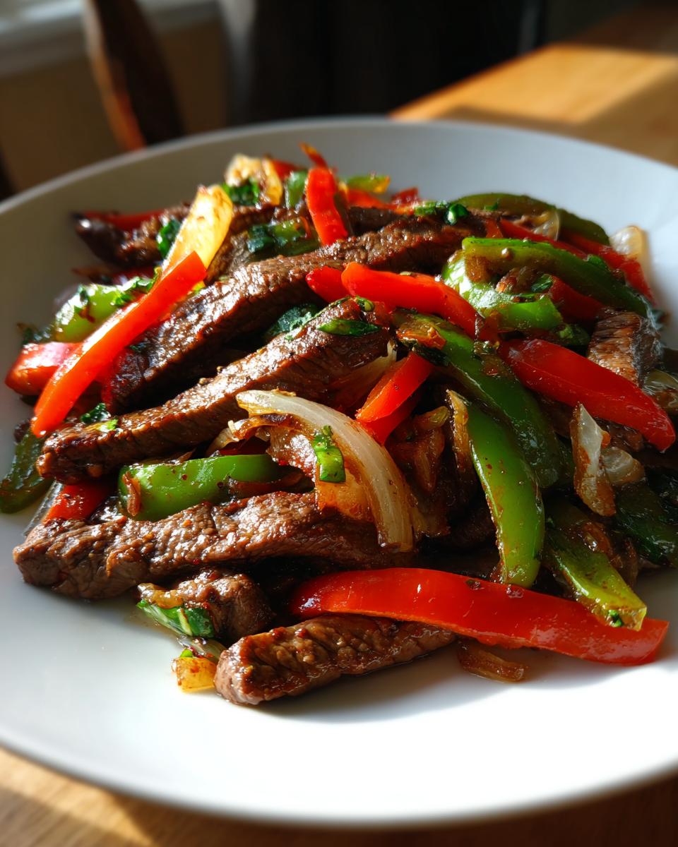 Close-up of perfectly cooked steak fajitas featuring sliced beef, red and green bell peppers, and onions on a white plate.
