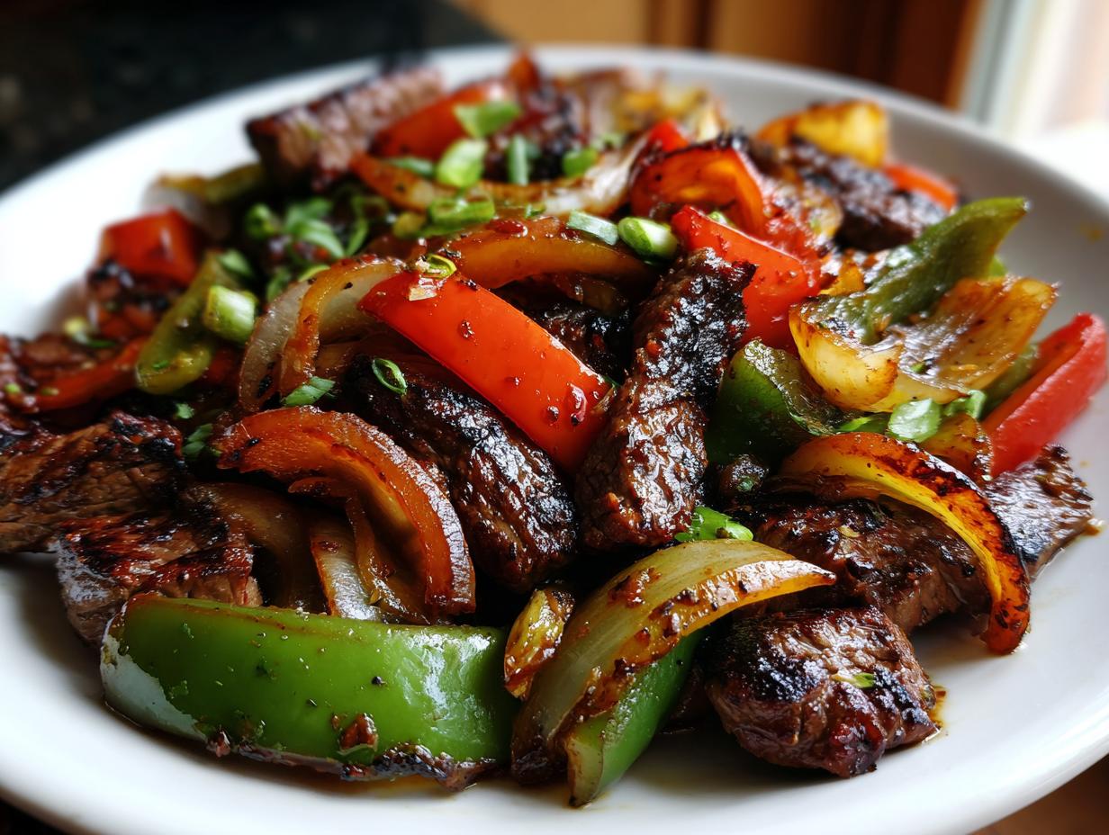A close-up shot of sizzling steak fajitas featuring grilled steak strips, caramelized onions, and vibrant red and green bell peppers.