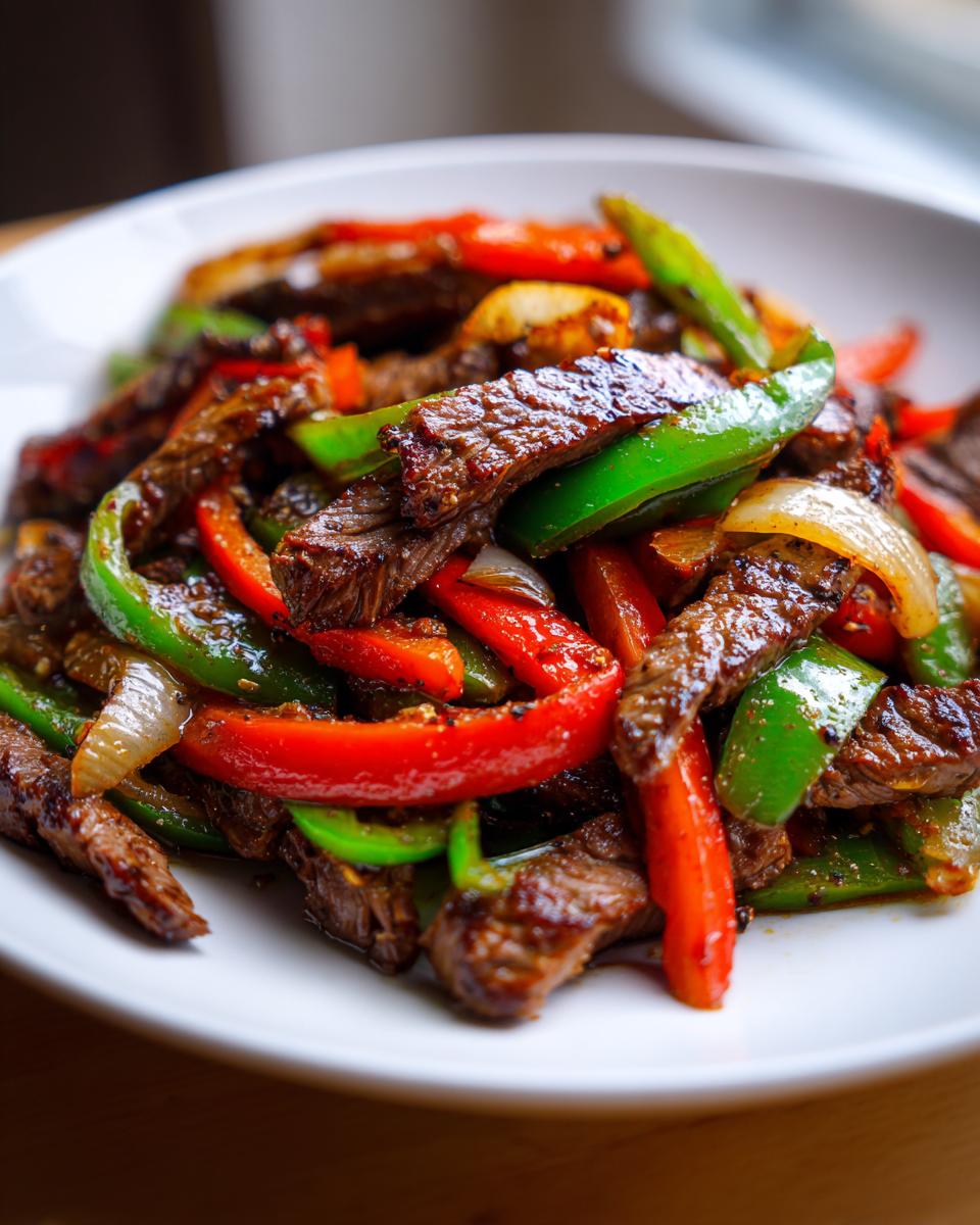 Close-up of perfectly cooked steak fajitas featuring strips of seasoned beef, vibrant red and green bell peppers, and onions on a white plate.