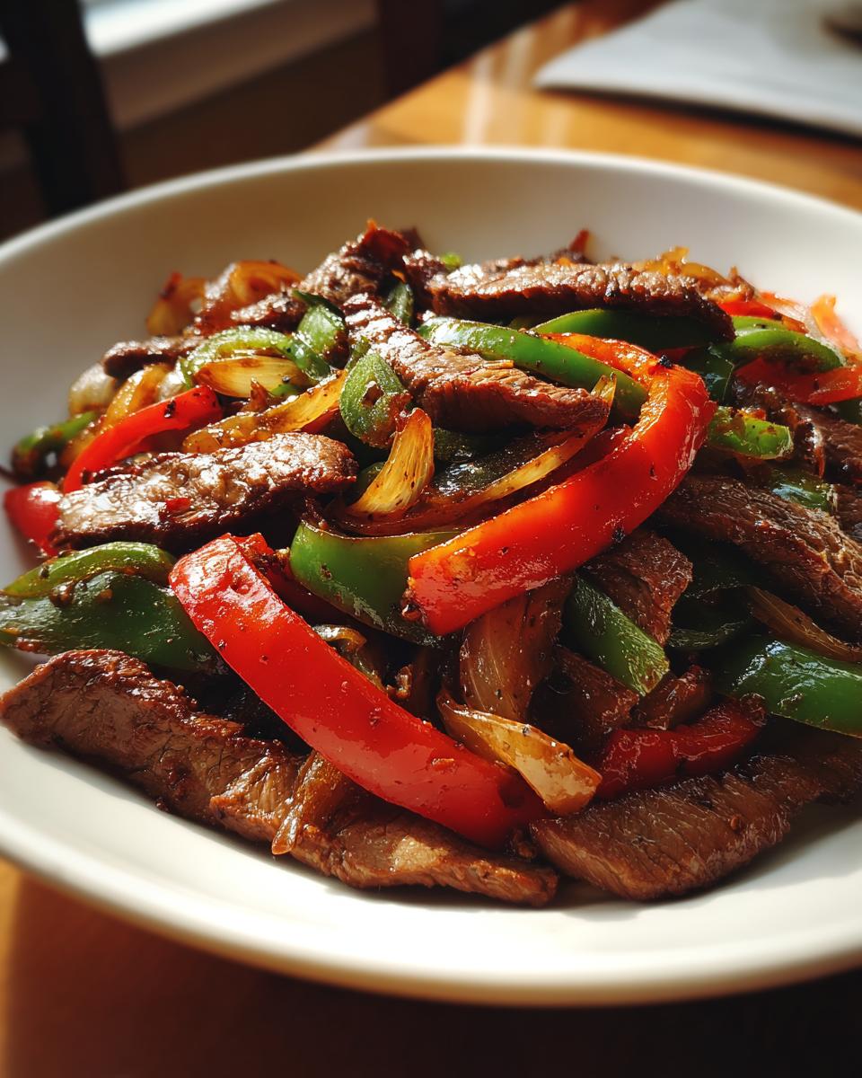 Close-up of perfectly cooked steak fajitas featuring strips of seasoned beef, red bell peppers, green peppers, and onions in a white bowl.