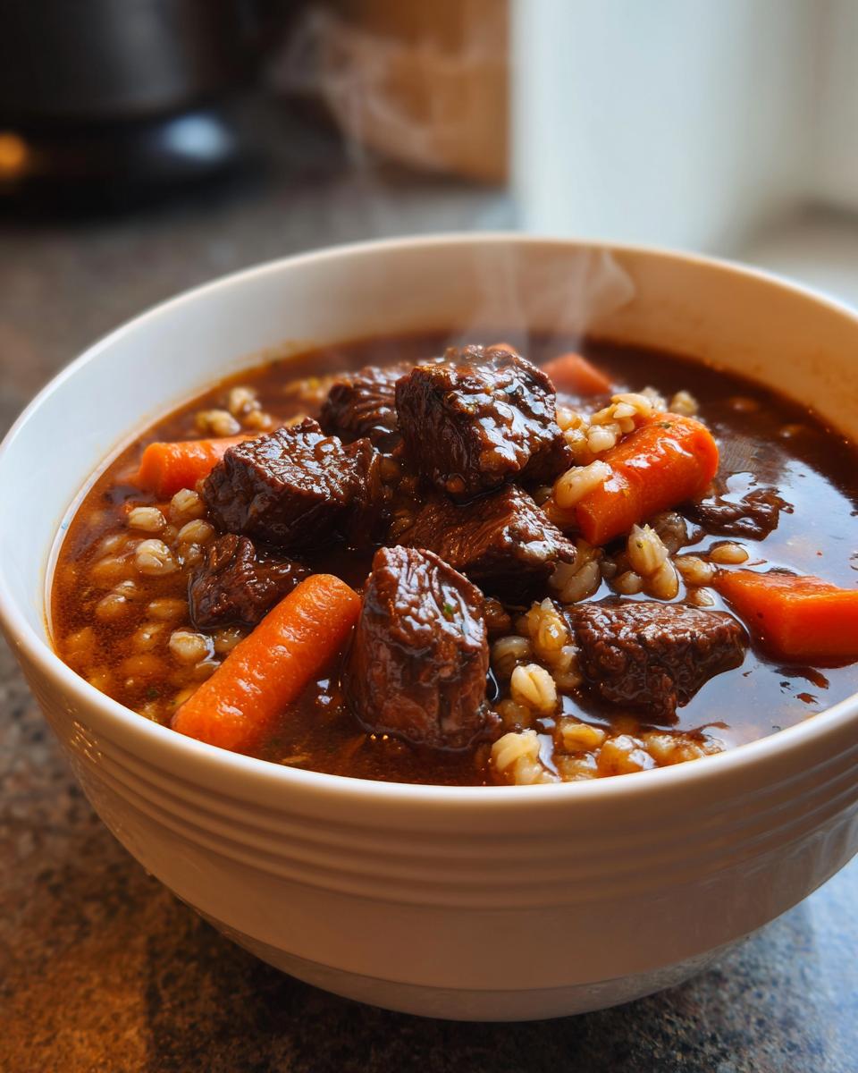 Close-up of a steaming white bowl filled with rich beef barley soup, featuring chunks of beef and carrots.