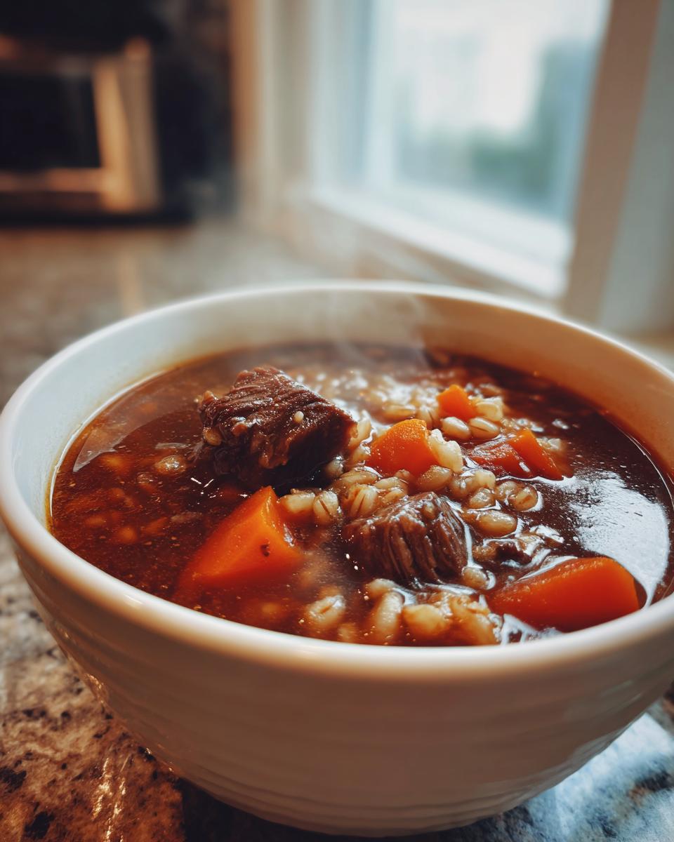 Close-up of a steaming white bowl filled with rich beef barley soup, featuring chunks of beef, carrots, and barley.