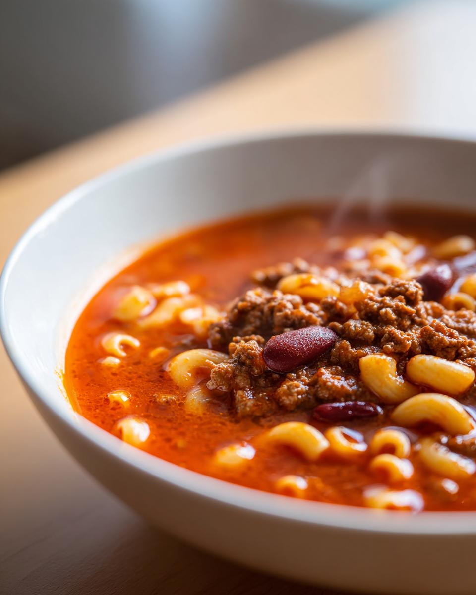 Close-up of a steaming white bowl filled with rich, red pasta fagioli soup featuring ground meat, kidney beans, and elbow macaroni.